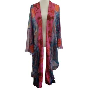 Kaftan Full Length Open Front in Pink Blue Abstract OS Art to Wear